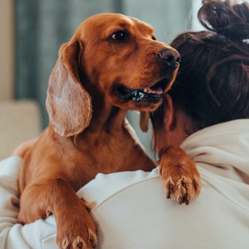 woman holding dog